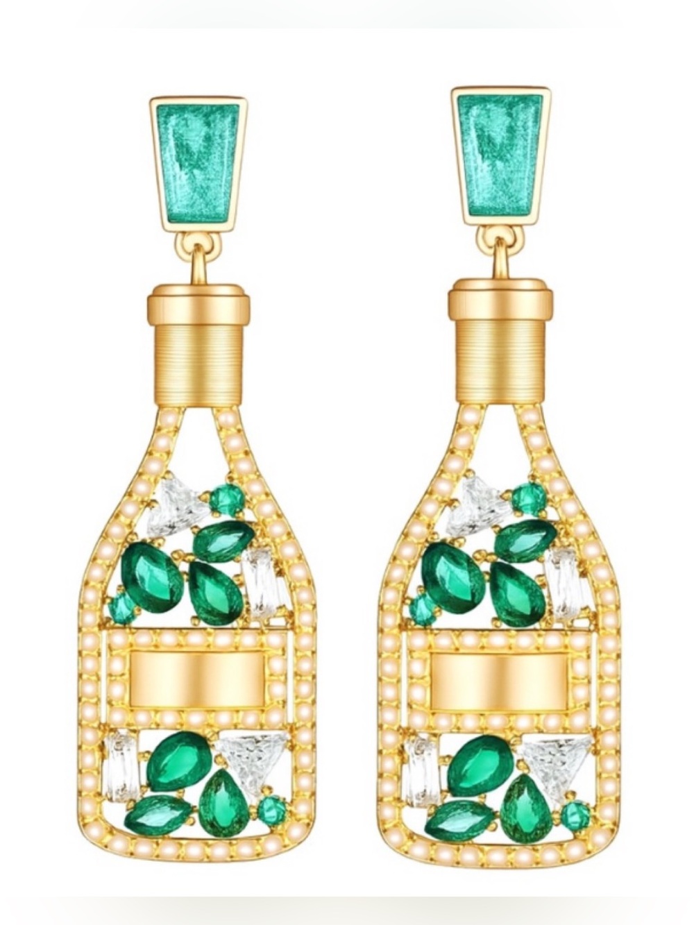 Green Gold Crystal Rhinestone Champagne Bottle Drop Earrings